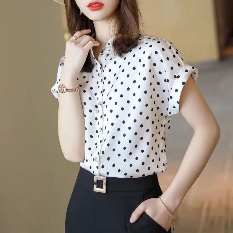 Polka Dot Standing Collar Chiffon Shirt for Women\'s Summer Korean Edition Short Sleeved Fashion Casual Commuting Versatile Top