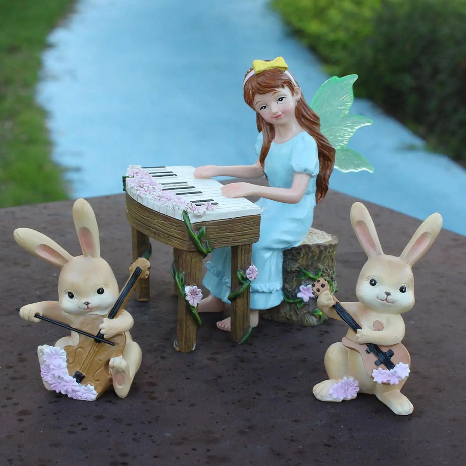 

Fairy Playing Piano Rabbit Statue Decor Cute Cartoon Decorative Ornament Garden Figurine for Tabletop Yard Balcony Patio Lawn