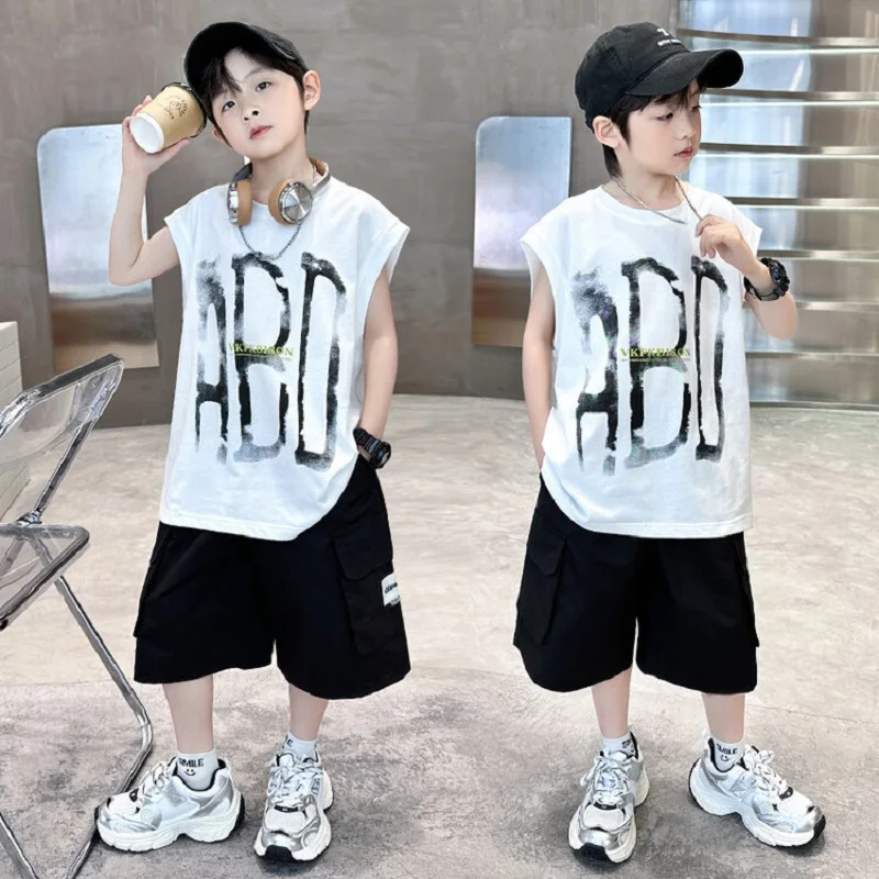 

Summer Boys Cotton Sleeveless Alphabet T-Shirt Tops+Shorts Workout Sets School Kids 2PCS Tracksuit Child Jogging Outfits 5-16 Yr