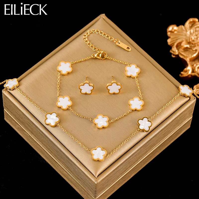 EILIECK 316L Stainless Steel White Five Leaf Clover Necklace Bracelets Earrings Set For Women New Trendy Gift Flowers Jewelry