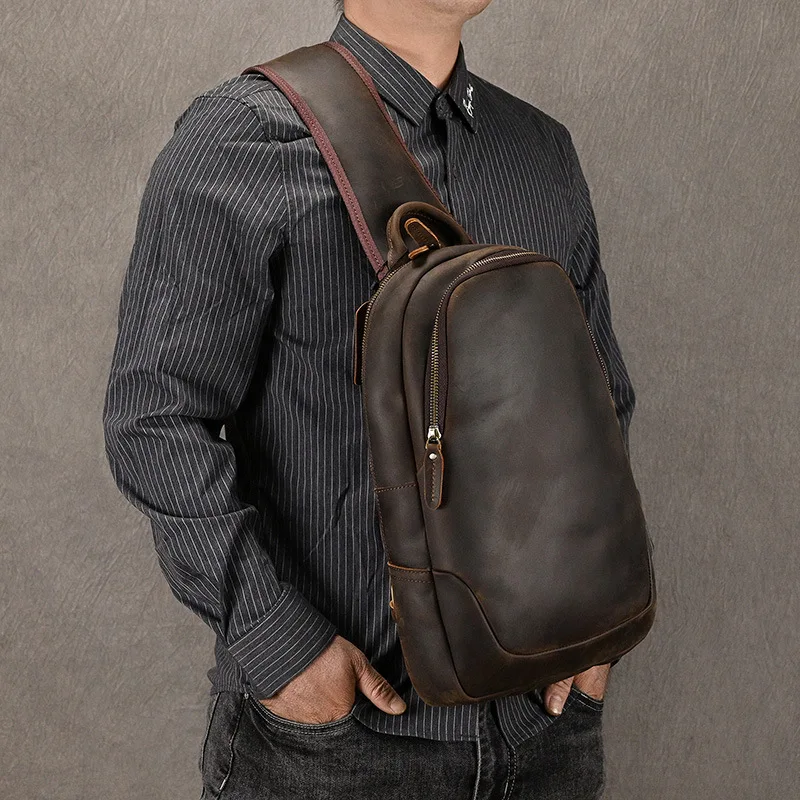 Crazy Horse leather simple chest bag large capacity men commuting widened shoulder strap flat storage portable diagonal backpack
