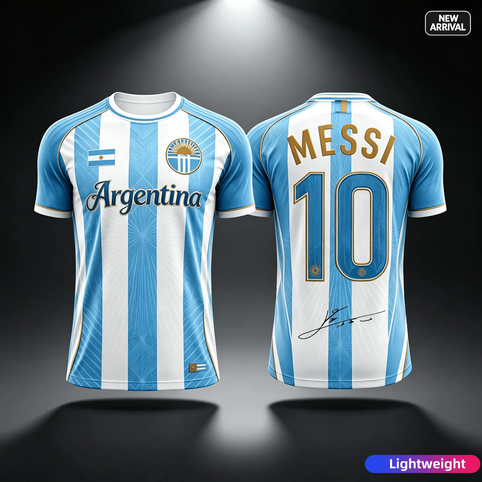 Messi No.10 Argentina Sun Flag Sky Blue White Stripe Print Short Sleeve Soccer Jersey for Men Youth Kids Quick Dry Sport Tee