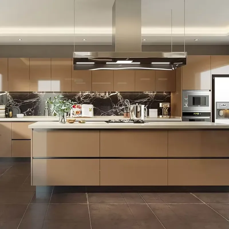 European style modern MDF laminated cabinets, glossy HPL hands-free original equipment manufacturer complete sets
