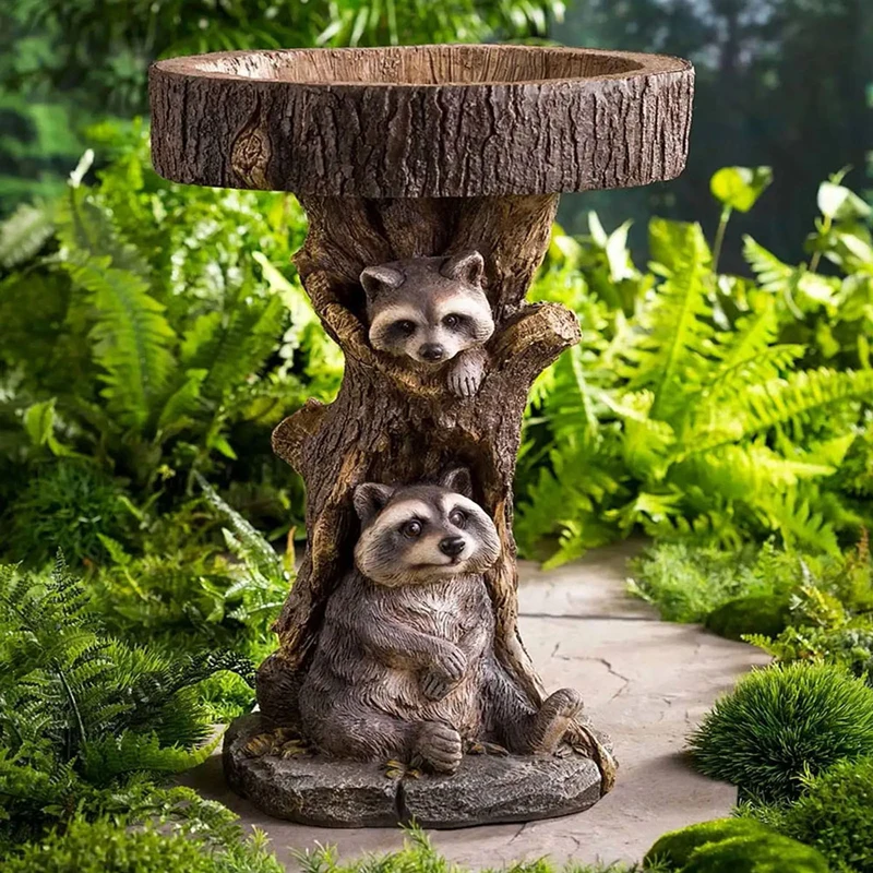 【M】Resin Raccoon Birdbath Polyresin Antique Garden Bird Bath Antique Garden Bird Bath Home Yard Animal Sculptures Ornaments