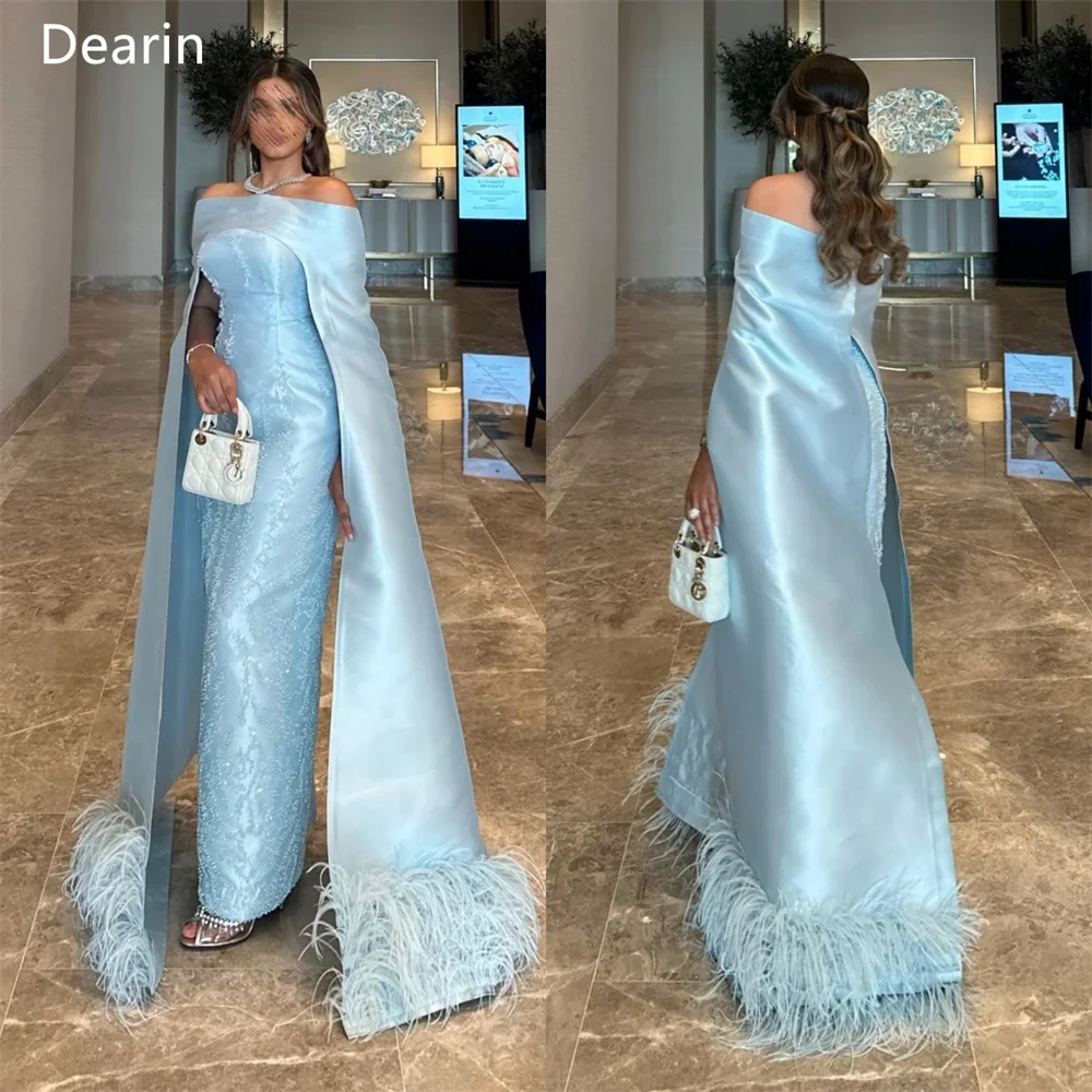 

Customized Saudi Arabia Dearin Off-the-shoulder Column Floor Length Skirts Layered Beading Feather Bespoke Occasion Dresses Even