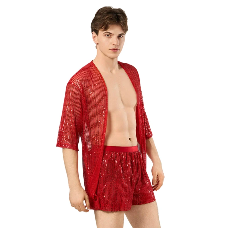 Herrenbekleidung 2-Teiliges Outfit Strickjacke Shorts Herren-Set Glitzernder Lockerer Strandüberzug Nachtclub Festival Rave Party Bühnenkostüm – Detail 7
