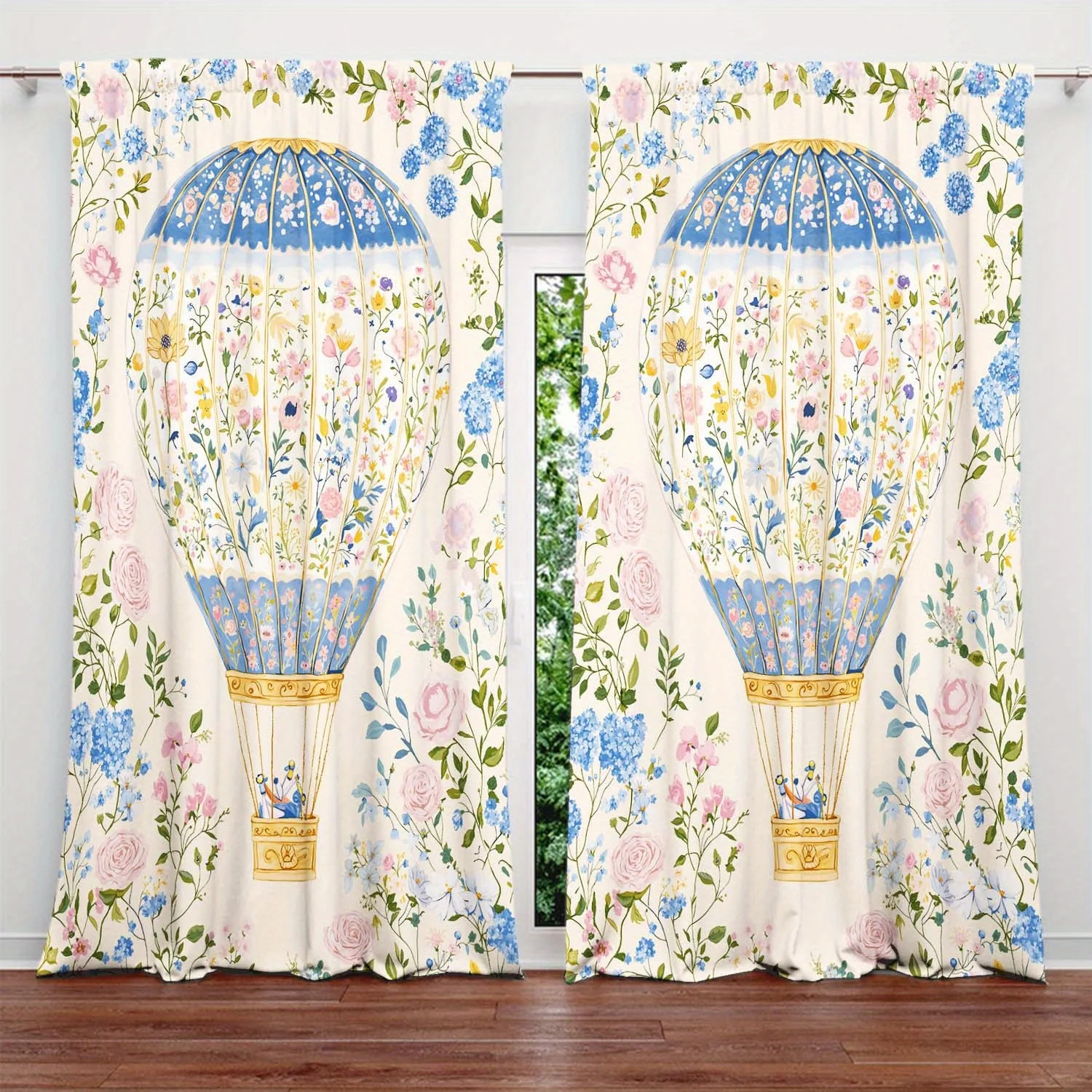 Floral hot air balloon themed curtain. With rod pocket design, it is easy to hang and suitable for in living rooms and offices