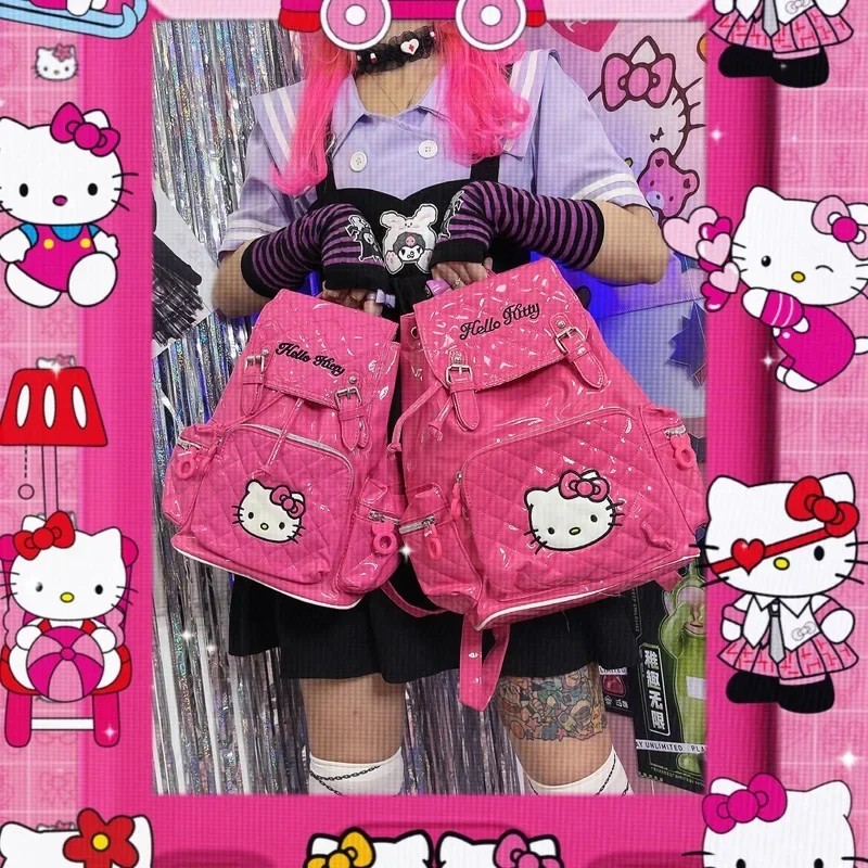 

Pink Oversized Capacity Hello Kitty Backpack Student Printed Backpack White Glossy Leather Cartoon Backpack Birthday Gift