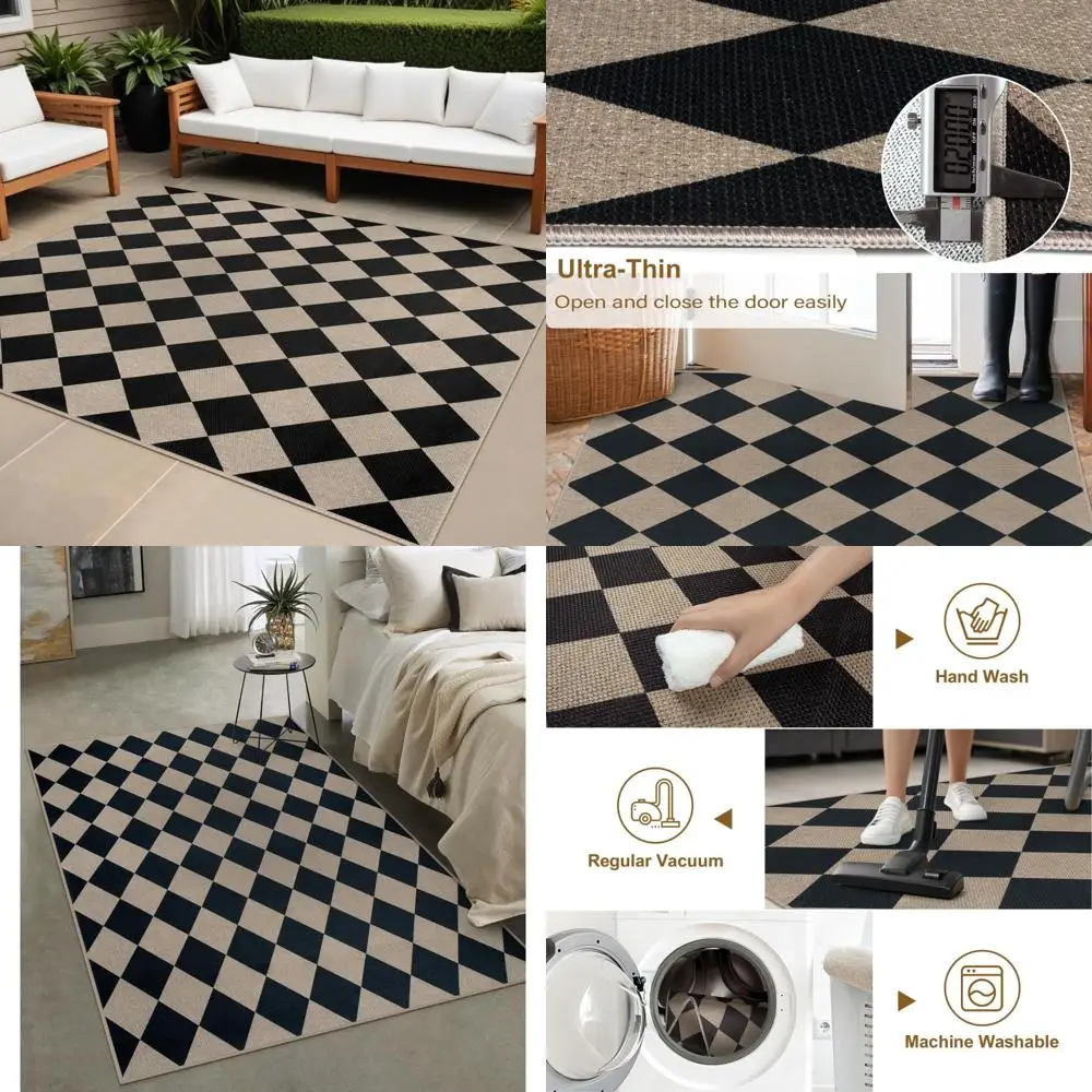 

Jute Black and White Checkered Area Rug, 5x7 Feet, Washable Outdoor Rug for Patio, Non-Slip Diamond Pattern for Living Room, Neu