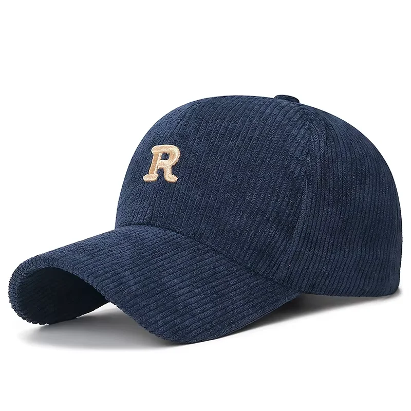 Boné de Beisebol em Corduroy com Letra 'R' Bordada em 3D, Cor Sólida, Ajustável, Acessório Estiloso para Outono e Inverno