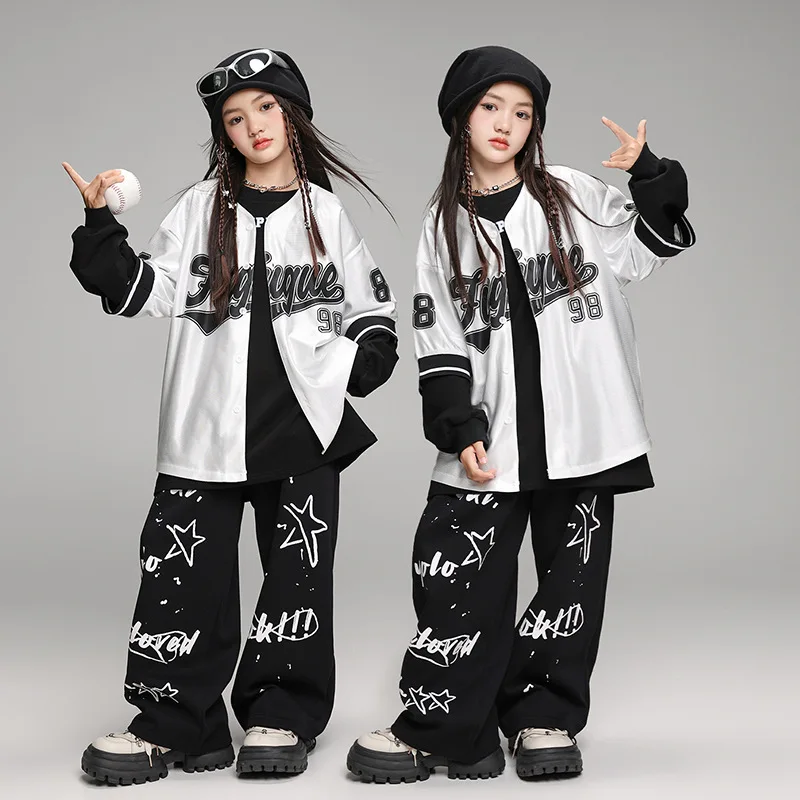 

Boys Hip Hop Baseball Jacket Joggers Pants for Girls Kpop Streetwear Sport Coat Child Jazz Clothes Set Kids Street Dance Costume
