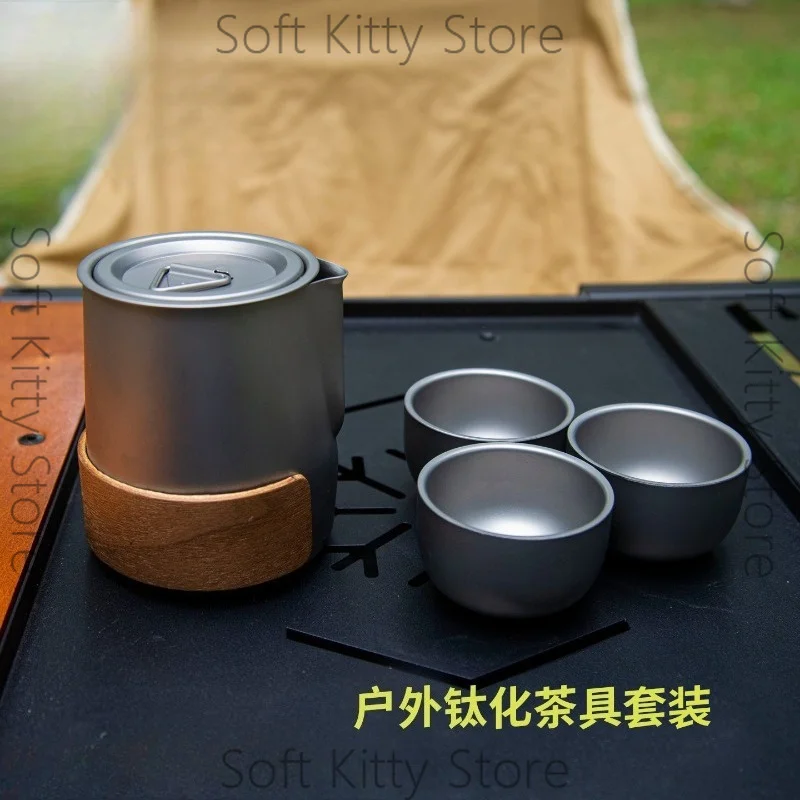Titanium tea set, portable travel tea maker, three cups and one pot for camping