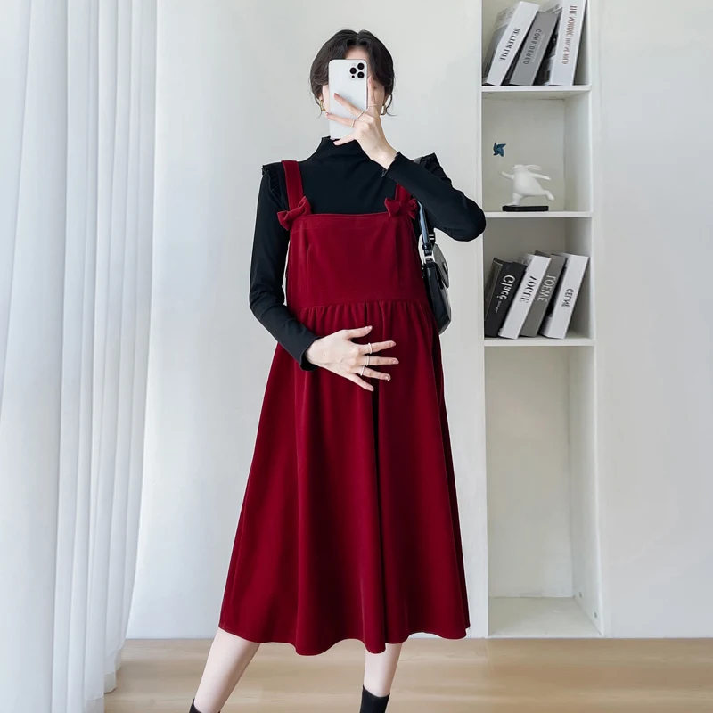 

Pregnant Women's Sweet Dresses Suits Fashion Maternity New Year Clothes Set Bowknot Red Strap Dress Long Sleeve Two Pieces Sets