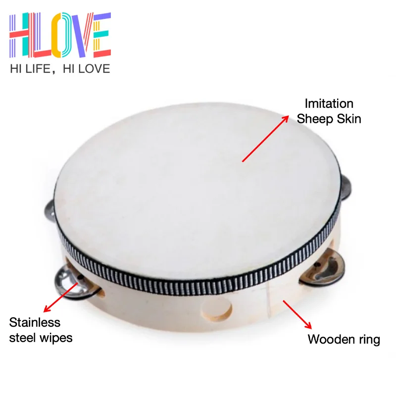 6 Inch Imitation Sheep Skin Head Tambourine Drum 4 Pairs Jingles Wooden Frame Head Musical Tambourine Beat Instrument Hand Drum