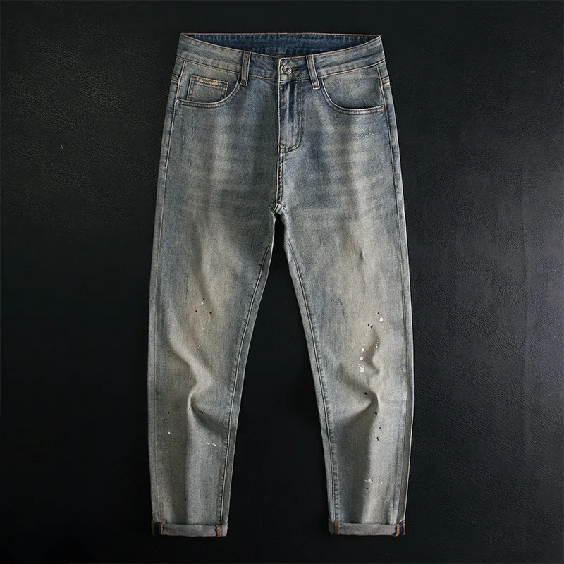 Street trend printed jeans for men, slim fit straight leg elastic high-end fashion personality trend long pants