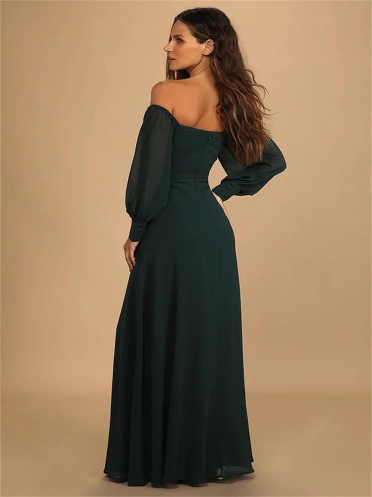 New Arrival Off Shoulder Neckline Half Sleeves Satin Evening Dress Sexy Open Back Zipper Floor Length High Slit Gown For Women