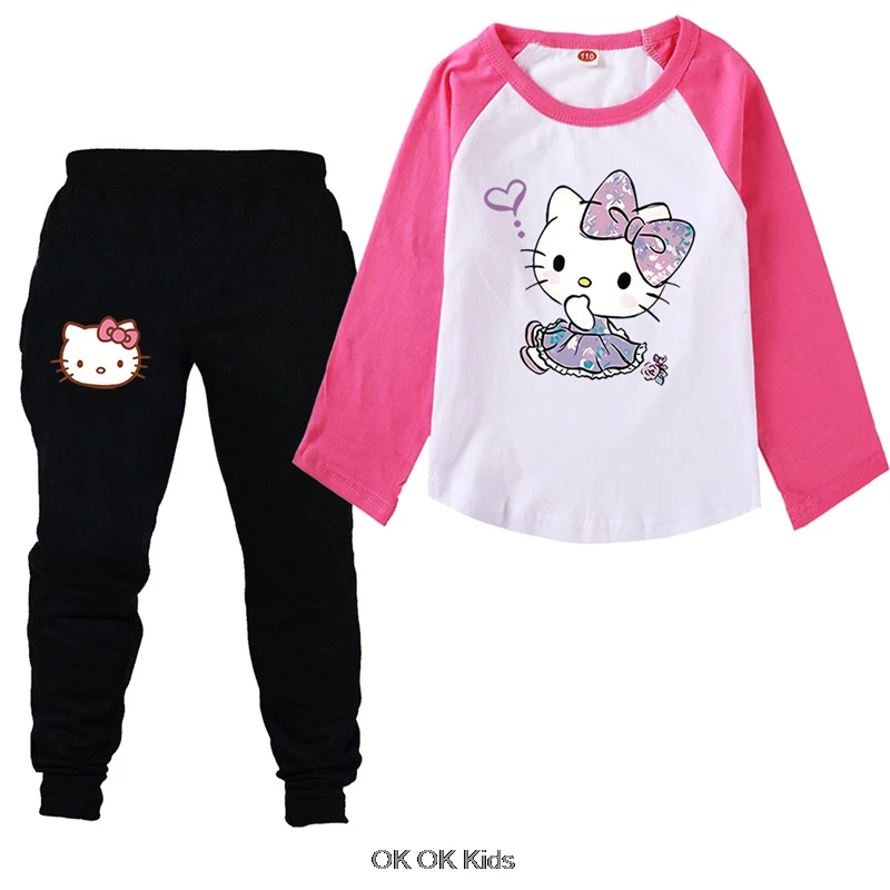 

Kids Hello Kitty Clothing Sets Girls Casual Long Sleelve Tshirt And Pants Children's Outerwear Clothing Teen Suits