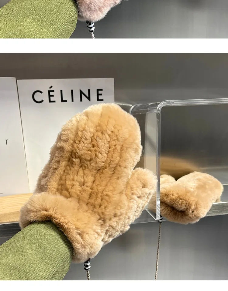 Women's Winter Real Rex Rabbit Fur Gloves Warm Thick Ladies Fur Mittens Elastic Girls Ski Glove Mitts Elastic Soft With String