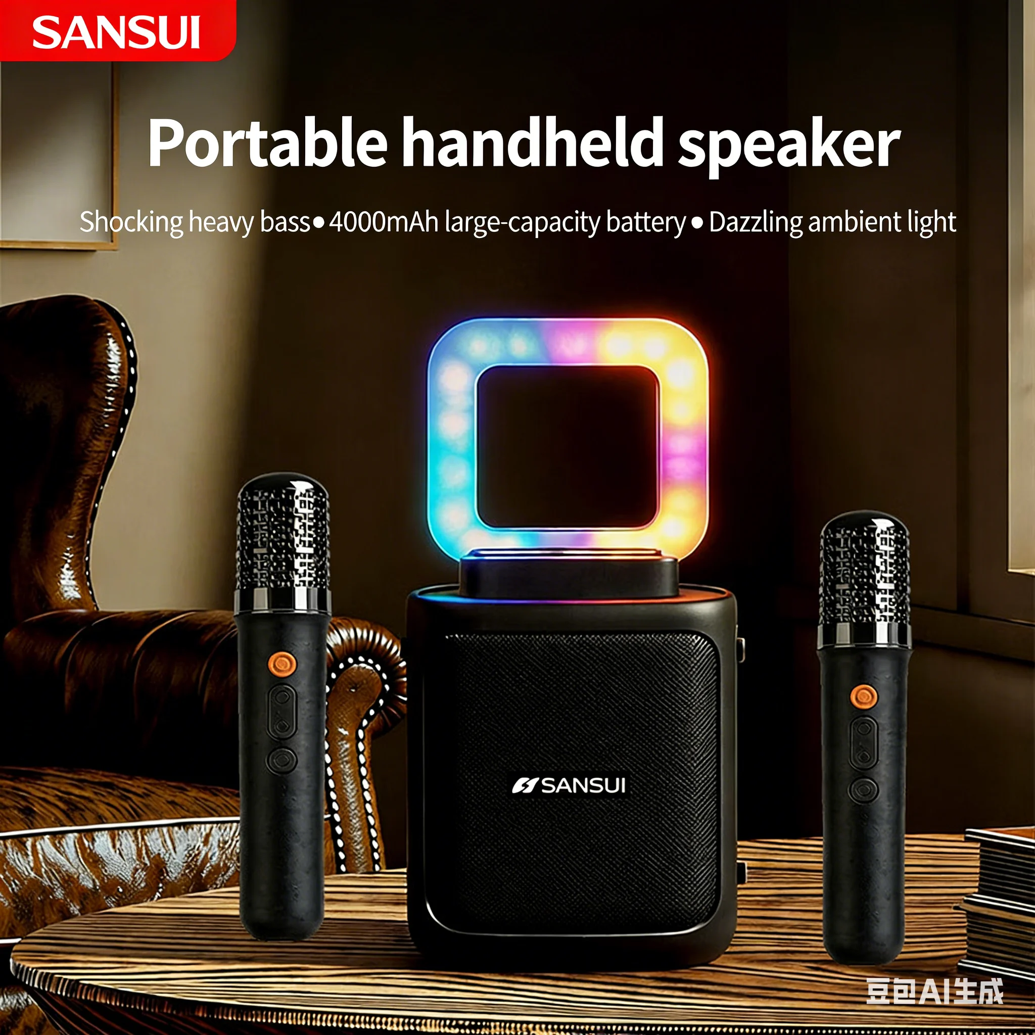 

Беспроводная караоке-система SANSUI V63, портативная Bluetooth-колонка, 360° ° Объемный звук, RGB-подсветка, аккумулятор 4000 мАч для домашнего караоке