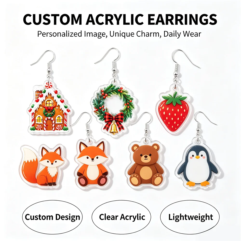 Customized acrylic pendant earrings, personalized photo upload, anime/cartoon transparent earrings, customized gifts.
