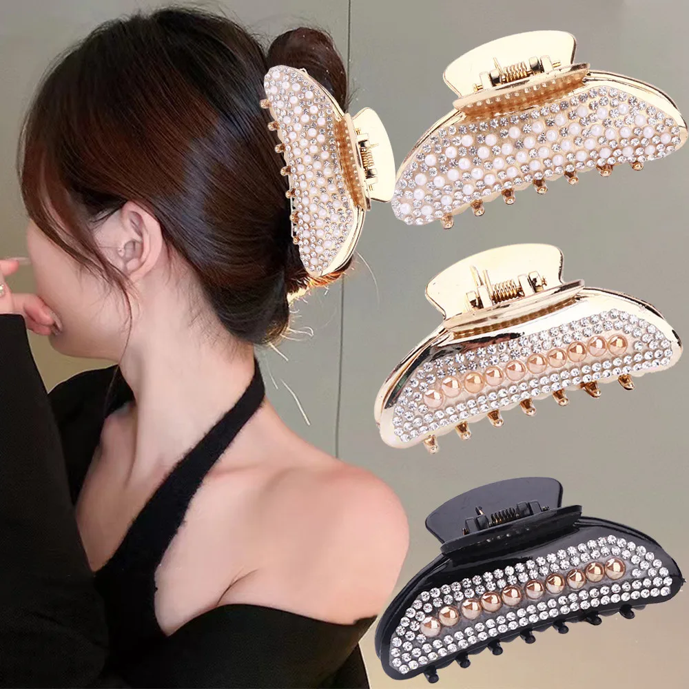 

Luxury Crystal Pearl Hair Claws Women Girls Non-Slip Resin Ponytail Holder Shark Clip Ladies Casual Bun Hair Clamp