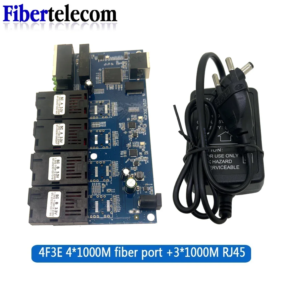 Convertidor de medios de fibra óptica Gigabit SC 100/1000M placa PCBA monomodo 4 fibra 3 RJ45 Ethernet interruptor transceptor Simplex