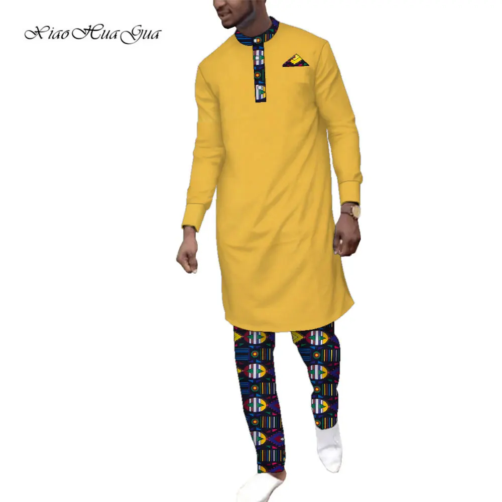 

Men African Clothing Bazin Riche 2 Pieces Long Shirt and Pants Sets Casual Dashiki African Clothes Tops and Pants Sets WYN545