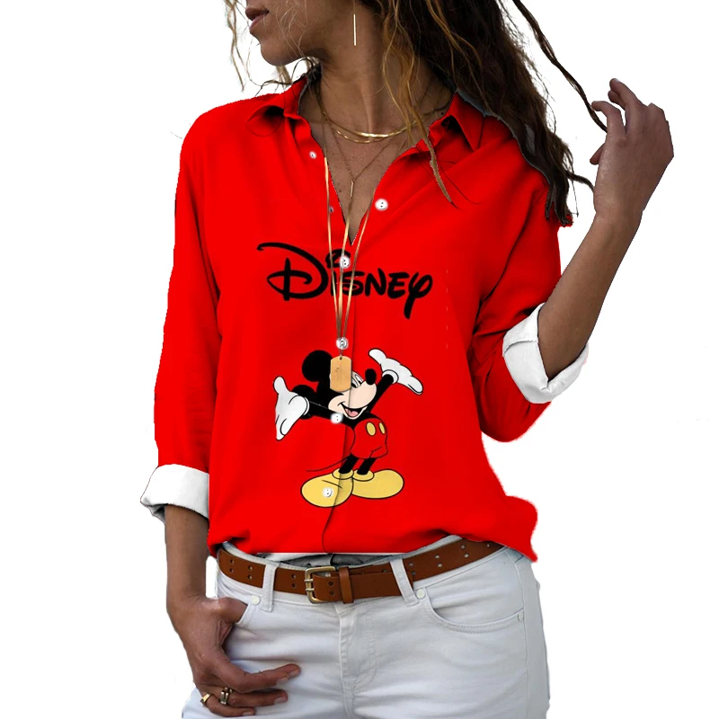 Nieuwe Straat Harajuku Shirt Met Lange Mouwen Minnie Cartoon Patroonprint 2024 Dames Revers Single Breasted Fashion Casual Shirt Y 2K