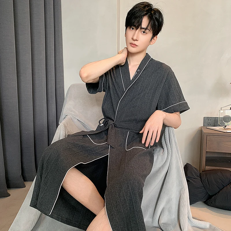 

Summer Cotton Men Robe Short Sleeve Mens Knitted Cotton Robes Casual Soft L-4XL Male Bathrobe
