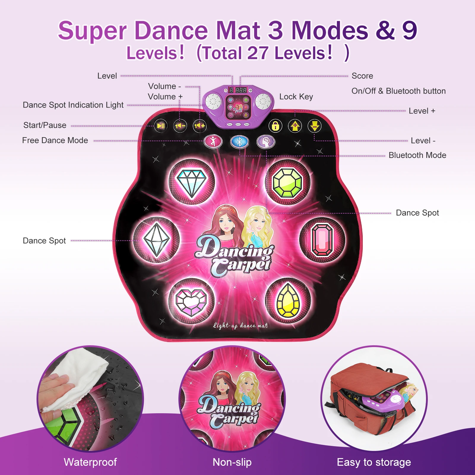 Tapete de dança ao ar livre VATOS 27 níveis para meninas crianças 6 teclas LED iluminam bloqueio Bluetooth 5 música jogo de dança brinquedo idades de 3 a 8 anos de idade