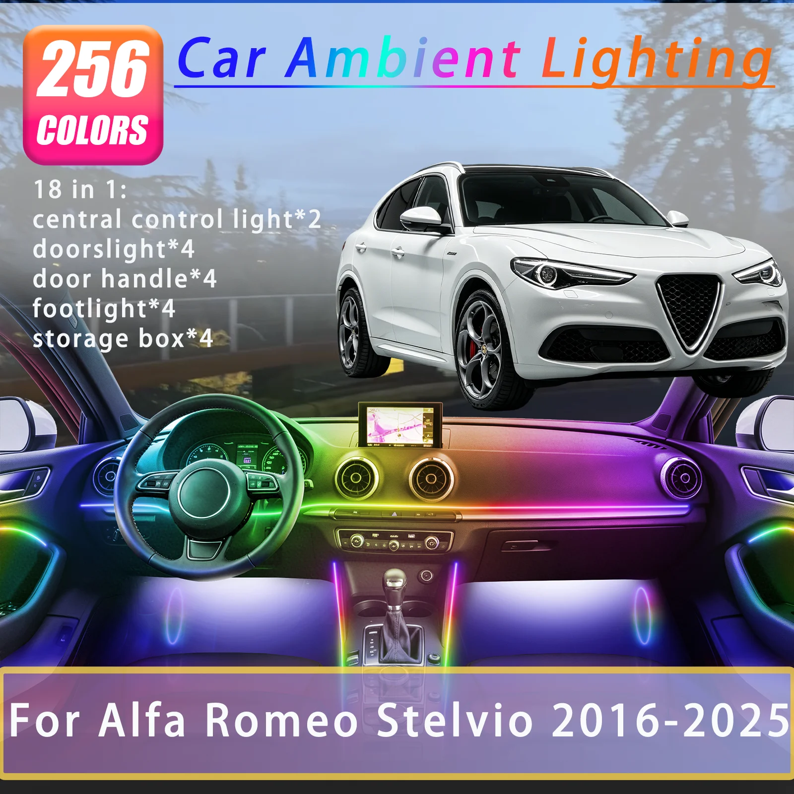 For Alfa Romeo Stelvio 2016-2025 Years Car Interior Ambient Lights Strips Breathing Lighting Kit App Control Auto Decorative lam