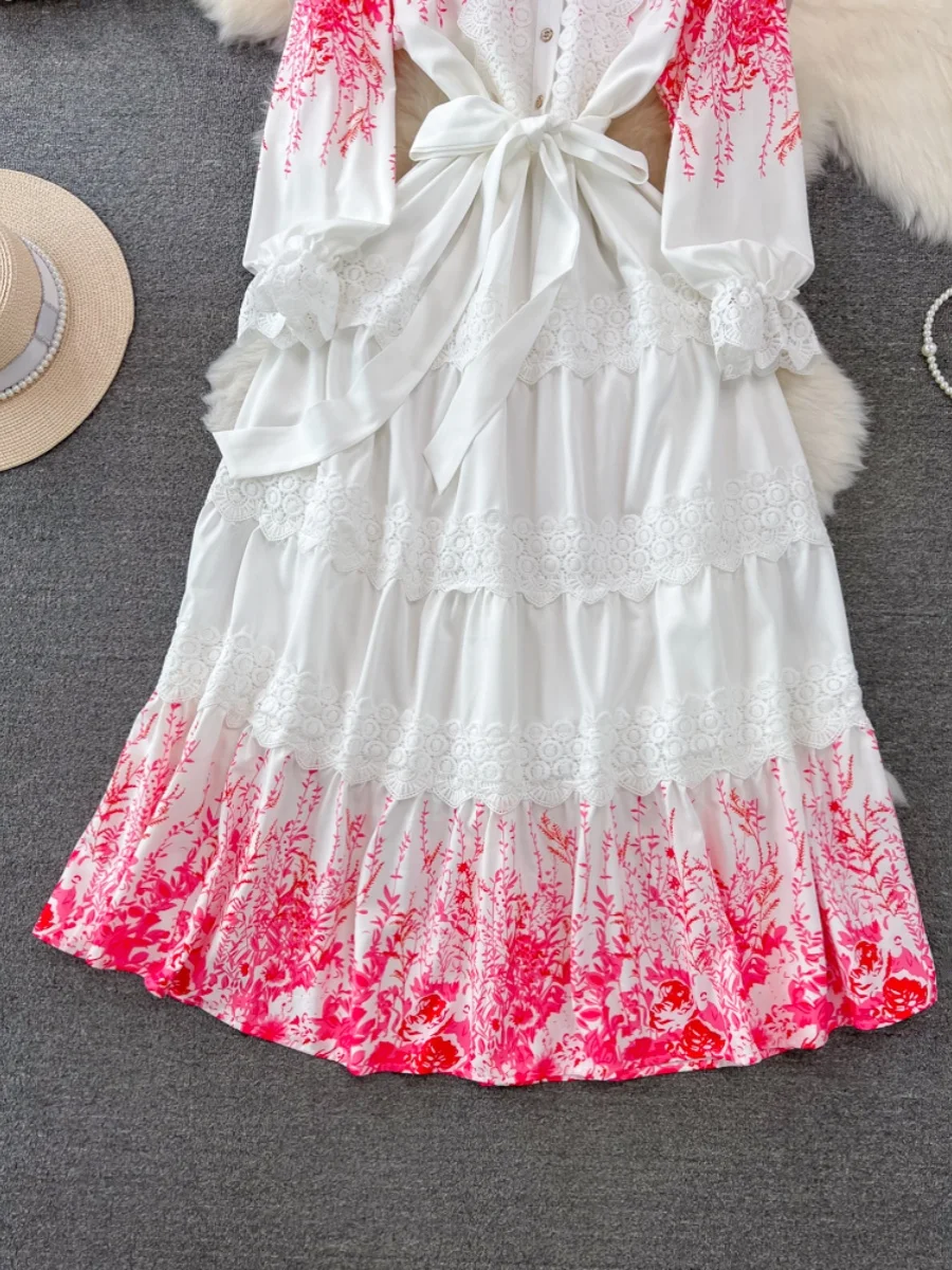 Retro Court Sle Lantern Long Sve Collared Waist Cinched Slim A-Line Lace Patchwork irt Dr Ele Midi Skirt