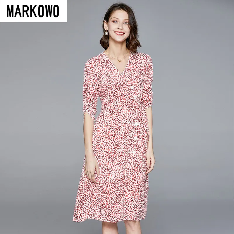 

MARKOWO Desinger Brand 2023 Women's heart print V-neck crinkle five quarter sleeve lace up single breasted waist slimming dress