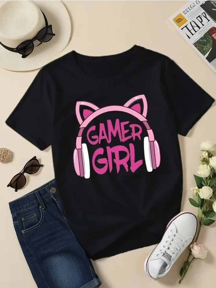 T-shirt con stampa creativa Gamer Girl per ragazze, stampa elegante, casual, per bambini, top estivo, girocollo, manica corta