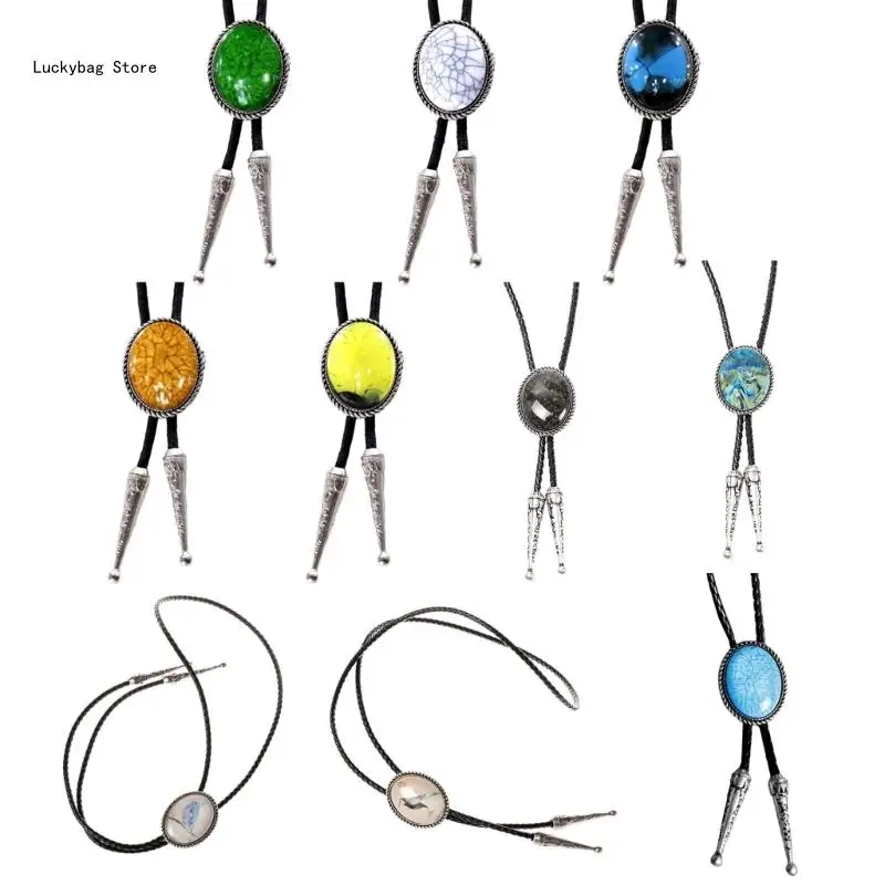 Punk Bolo Tie with Stone Charm Necktie Necklace Costume Accessory