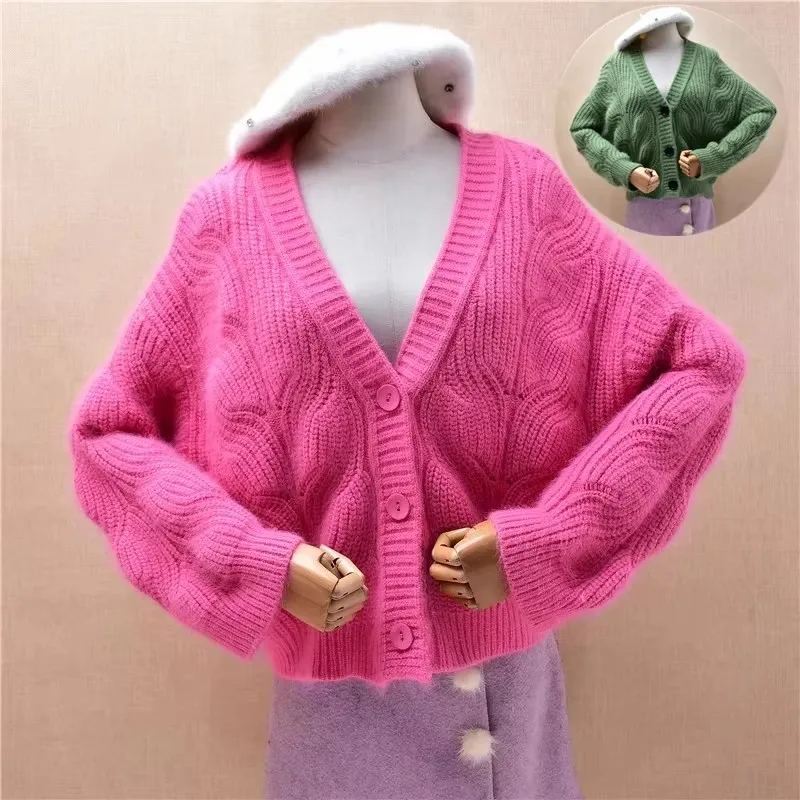 

Women Mujer Clothes Fall Winter Thick Warm Jacquard Pink Angora Rabbit Hair Knitwear V-Neck Long Sleeves Loose Cardigan Sweater