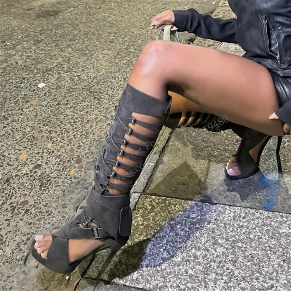 Gladiator Hollow Belt Buckle Knee High Boot 2026 Summer New Open Toe Stiletto Heel Solid Color Back Zipper Trendy Long Sandals view 4