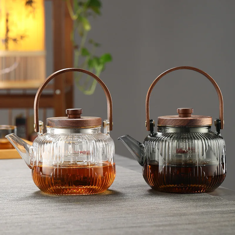 

800ml Glass Teapot With Bamboo Handle Steaming Double FilterCup Heat-resistant Transparent Hammer Pattern Flower Teapot