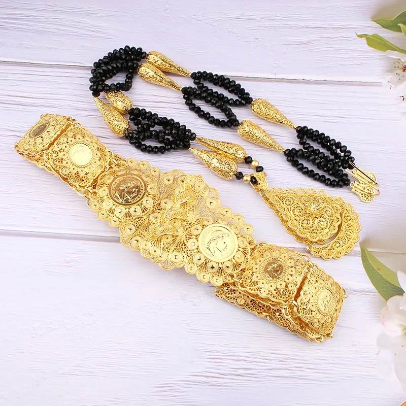 Gold Plated Jewelry Set for Women, Wedding Jewelry, Bridal Belt, Pendant, Bead Chain, Long Chain Sets, Designer Fashion, Algeria