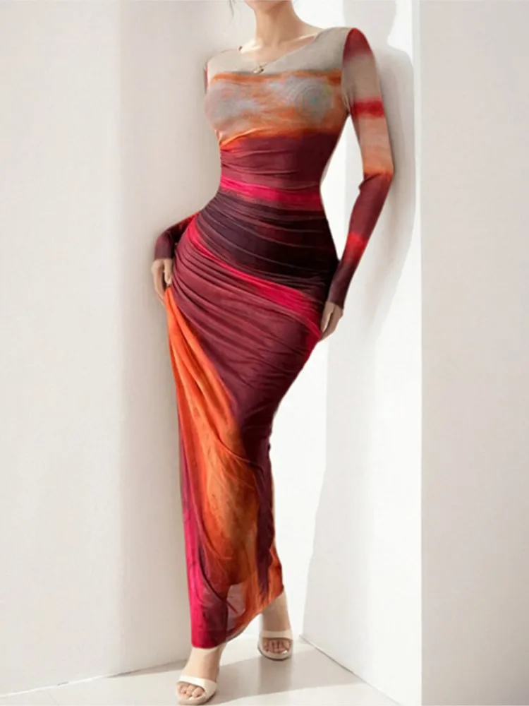 

2025 Spring Autumn Sexy Bodycon Long Dresses Women's Elegant Folds Long Sleeve Round-Neck Package Hip Dress Fashion Party Dress