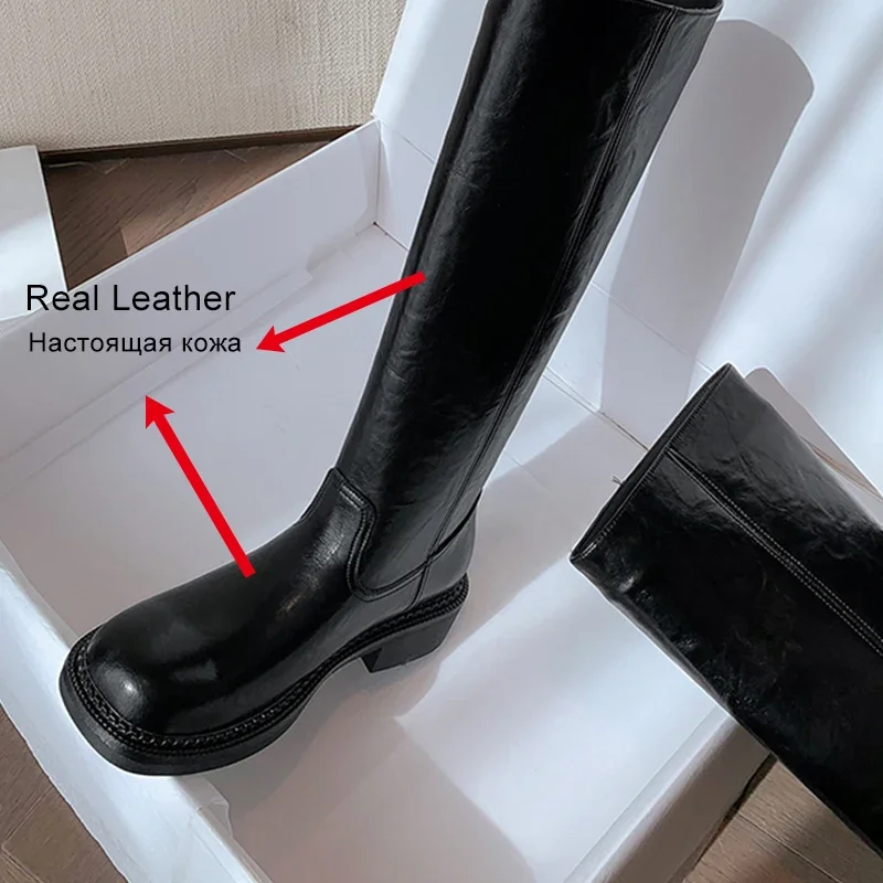 Yozcttaa Size 34-39 Women Knee High Boots Real Leather Vintage Thick Heels Shoes Platform Boots Winter 2025 Casual Office Dress