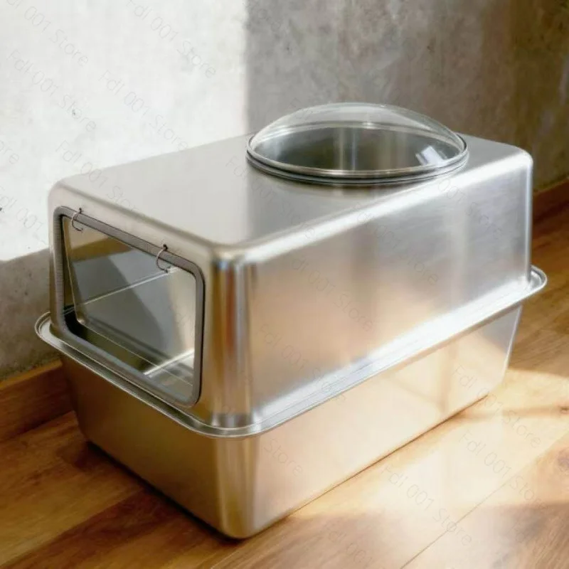 All-Stainless Steel Enclosed Litter Box, Extra-Large Glass “Space Capsule” Box with Splash Guard and Anti-Scatter Design