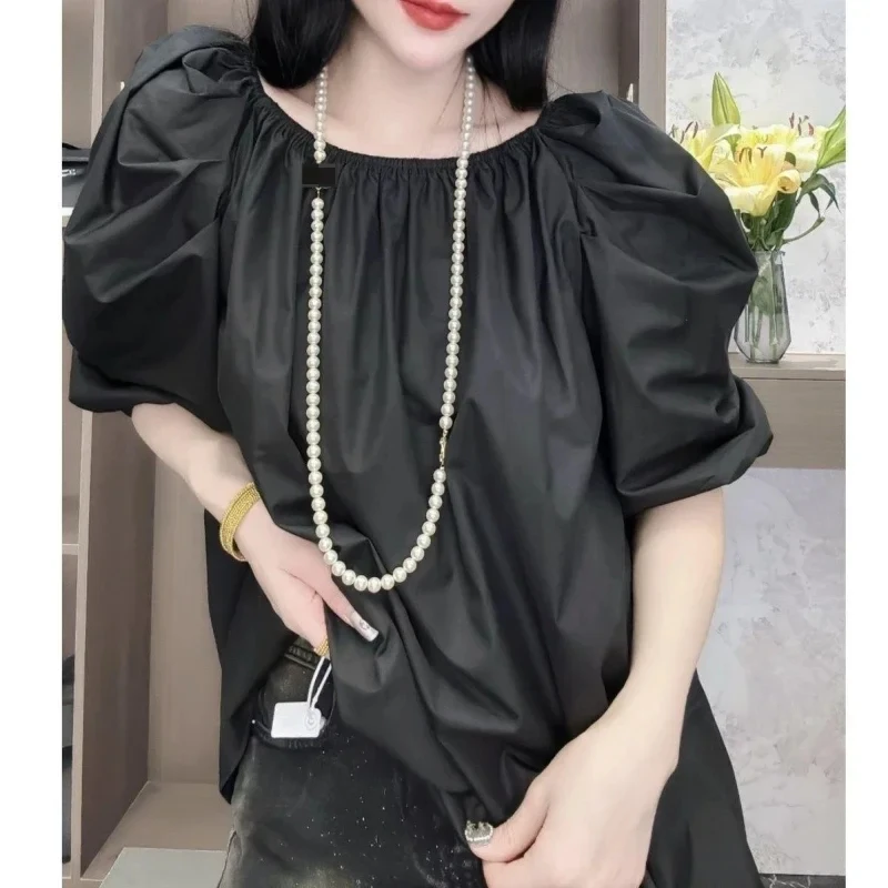 Blusa holgada elegante que combina con todo, manga corta, cuello redondo, plisado liso, camisa de oficina para jóvenes, Tops, ropa Vintage de moda para mujer E6888