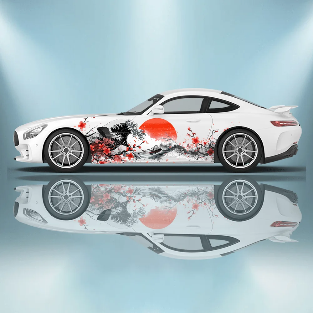 Ondas agitadas del mar; Calcomanía para coche con diseño de sol rojo; Decoración de calcomanía de cuerpo completo que cubre arañazos; Calcomanía impermeable para coche. Vinilos para Autos