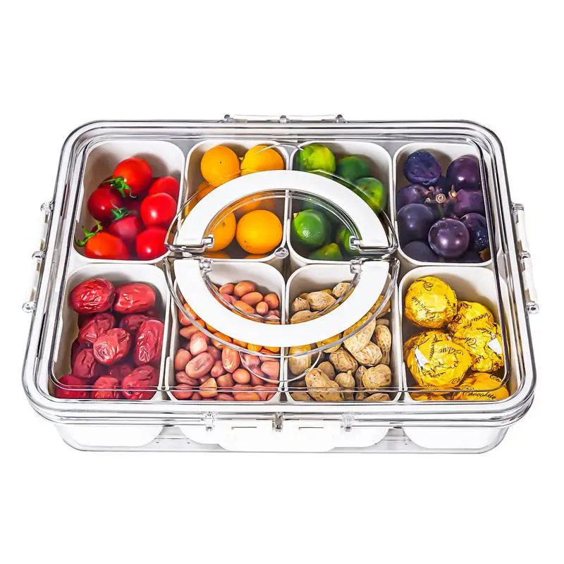 

Divided Serving Tray with Lid and Handle--Snackle Box Charcuterie Container for Portable Snack Platters - Clear Organizer
