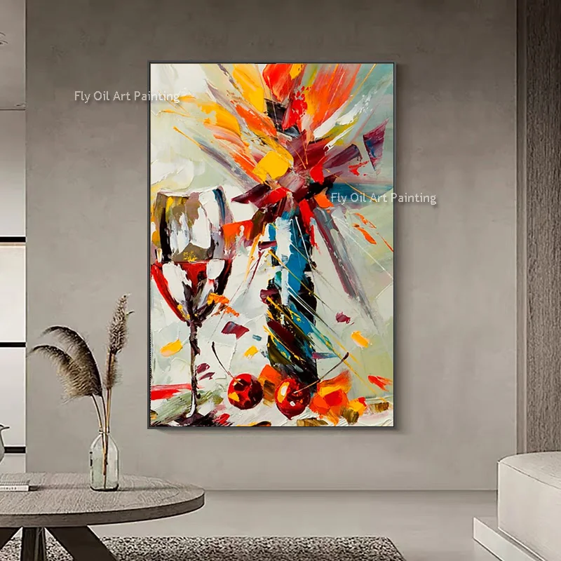 Abstract Red Gray Wine Glass And Flowers Vase Canvas Oil Painting Hand Painted New Design Wall Art Red Cherry Artwork Decor