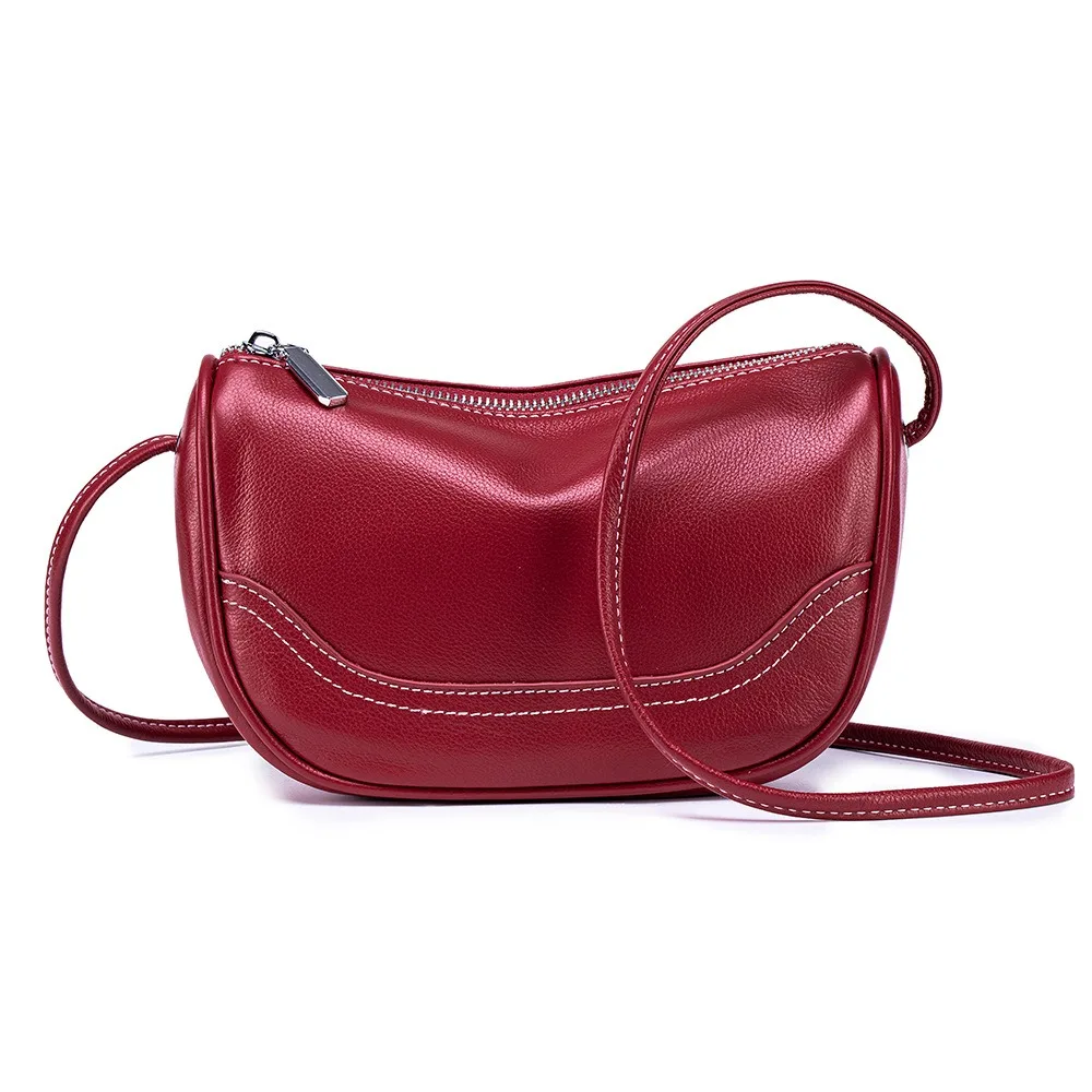

Soft Leather Crossbody Bag - Contrast Stitching & Adjustable Strap, Zipper Closure Compact Sling Purse for Daily Essentials