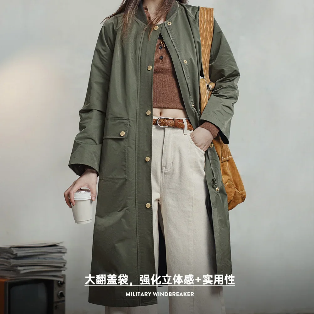 Maden Retro Olive Green Mid-length Trench Coat Loose Fit with Flap Pockets Versatile Spliced Coat for Women's Spring and Autumn