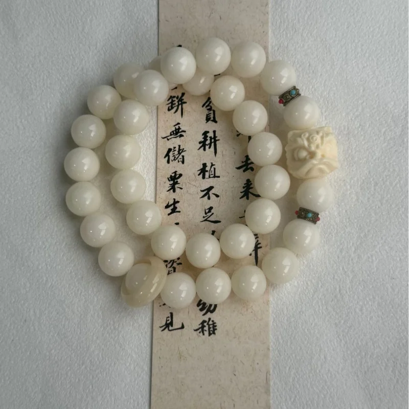 Natural white jade , ivory fruit lion dance bracelet, women's bodhi seed Buddhist prayer beads - view 4