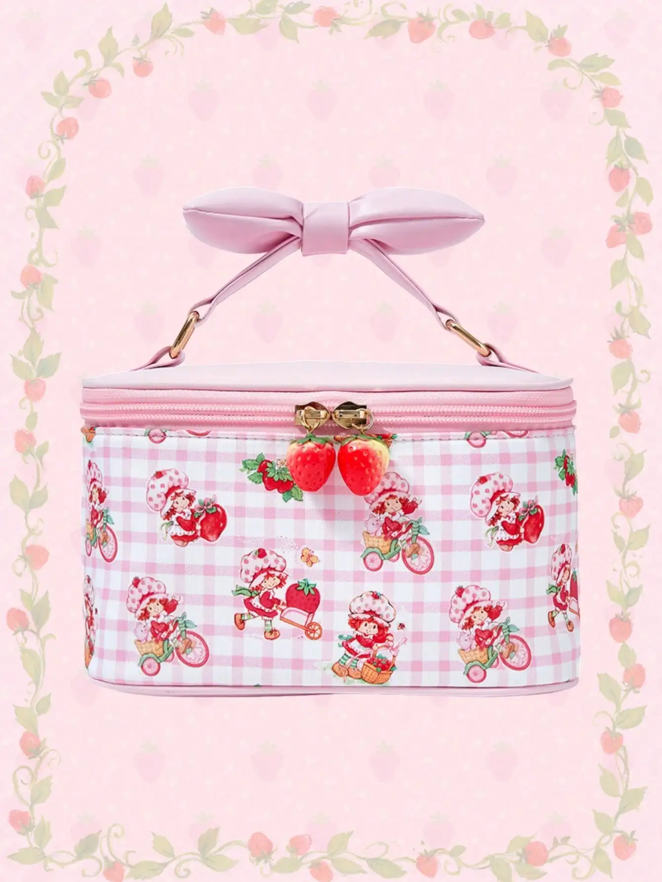 Strawberry Shortcake | ROMWE Women's Cute Cartoon Pattern Padded Bow Handheld Portable Cosmetic Bag
